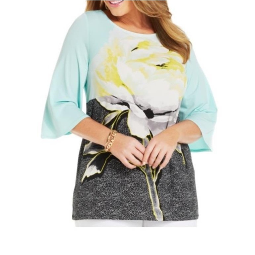 Alfani Women's XL Aqua Blue Floral Print 3/4 Sleeve Tunic Top